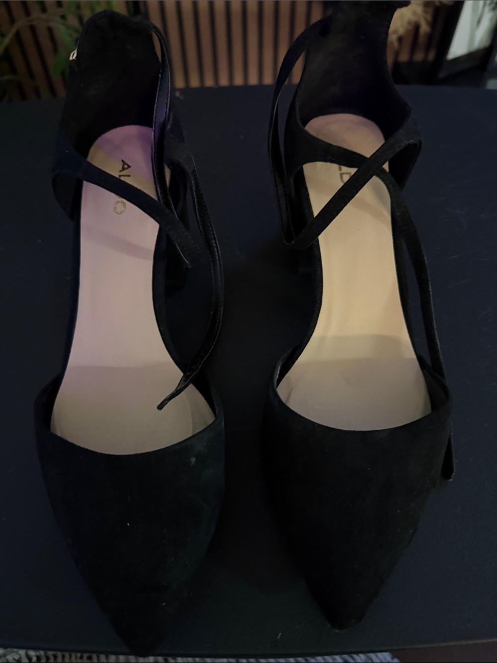 ALDO Black Pointed-Toe Crisscross Ankle Strap Heels